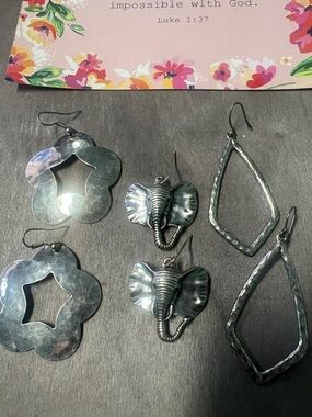 Silver-Tone Mixed Dangle Earrings Set — Floral, Elephant & Geometric